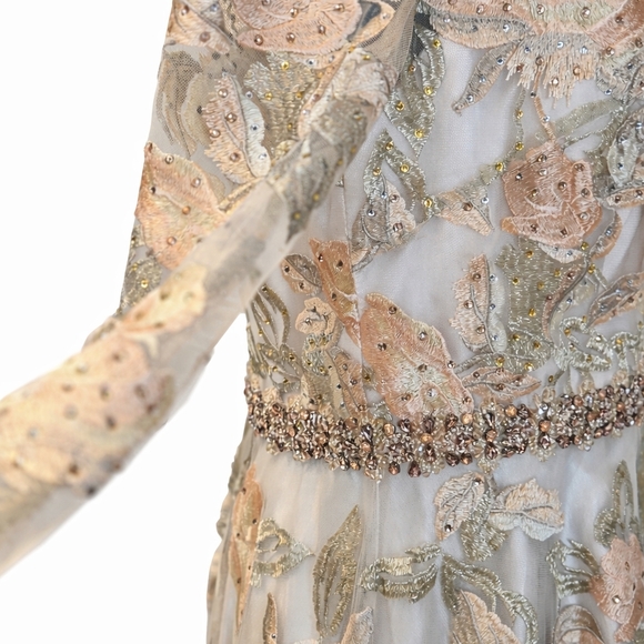 Mac Duggal Floral Embroidered Long Sleeve Dress, A-Line Gown in Cream Peachy NWT - Picture 8 of 15
